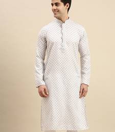 Sanwara Men's White Printed Long Sleeve Cotton Elegant Kurta