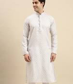 Sanwara Men's White Printed Long Sleeve Cotton Elegant Kurta