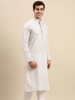 Sanwara Men's White Printed Long Sleeve Cotton Elegant Kurta 2