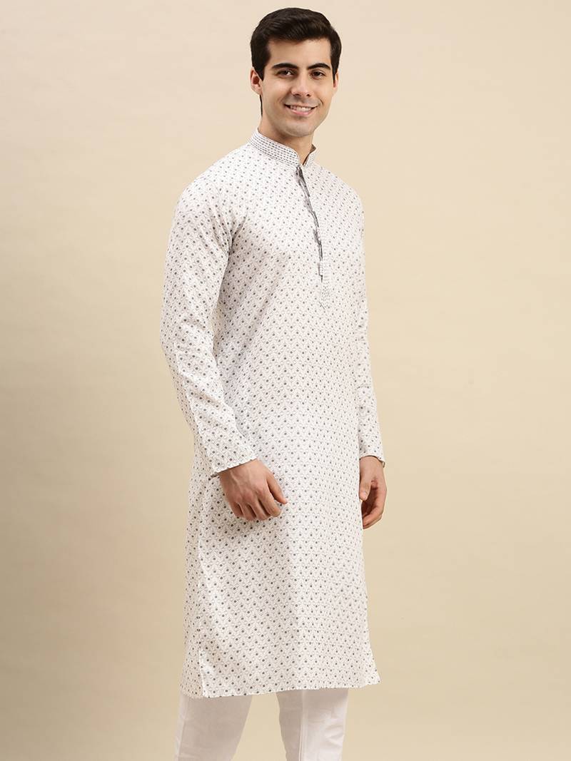 Sanwara Men's White Printed Long Sleeve Cotton Elegant Kurta