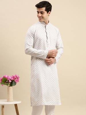 Sanwara Men's White Printed Long Sleeve Cotton Elegant Kurta 3