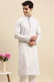 Sanwara Men's White Printed Long Sleeve Cotton Elegant Kurta