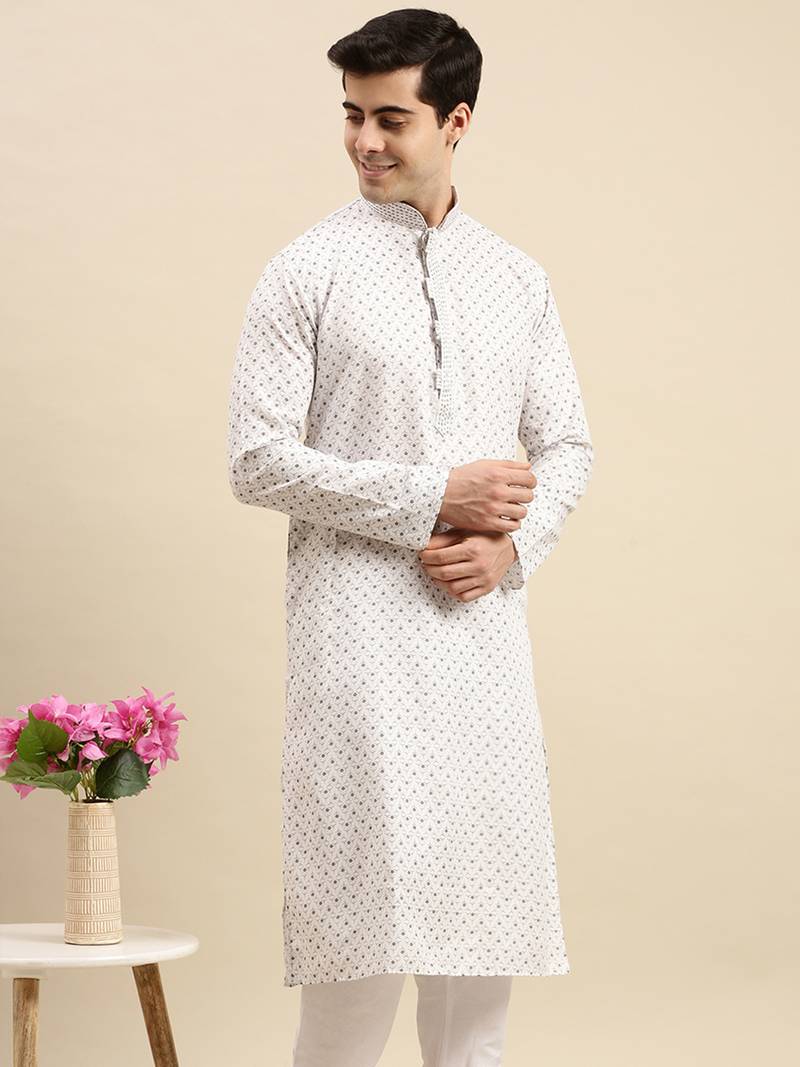 Sanwara Men's White Printed Long Sleeve Cotton Elegant Kurta
