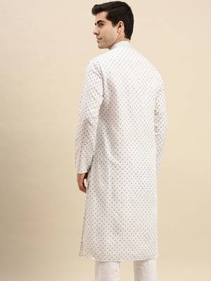 Sanwara Men's White Printed Long Sleeve Cotton Elegant Kurta 4