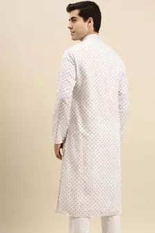 Sanwara Men's White Printed Long Sleeve Cotton Elegant Kurta