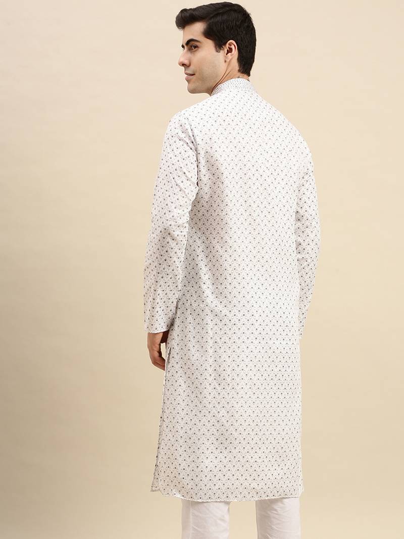 Sanwara Men's White Printed Long Sleeve Cotton Elegant Kurta