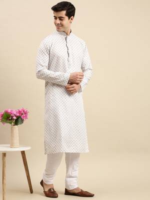 Sanwara Men's White Printed Long Sleeve Cotton Elegant Kurta 5