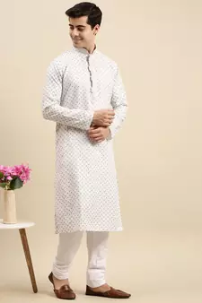 Sanwara Men's White Printed Long Sleeve Cotton Elegant Kurta