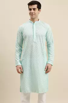 Sanwara Men's Sea Green chickenkari Long Sleeve Cotton Designer Kurta
