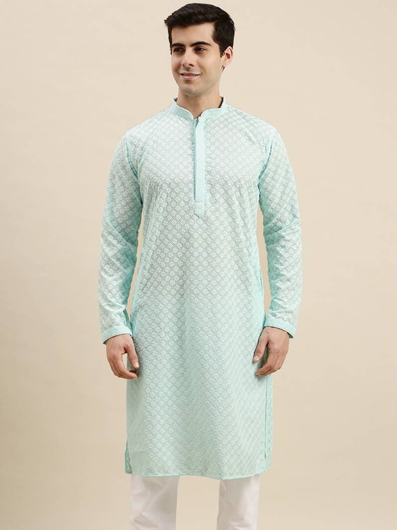 Sanwara Men's Sea Green chickenkari Long Sleeve Cotton Designer Kurta