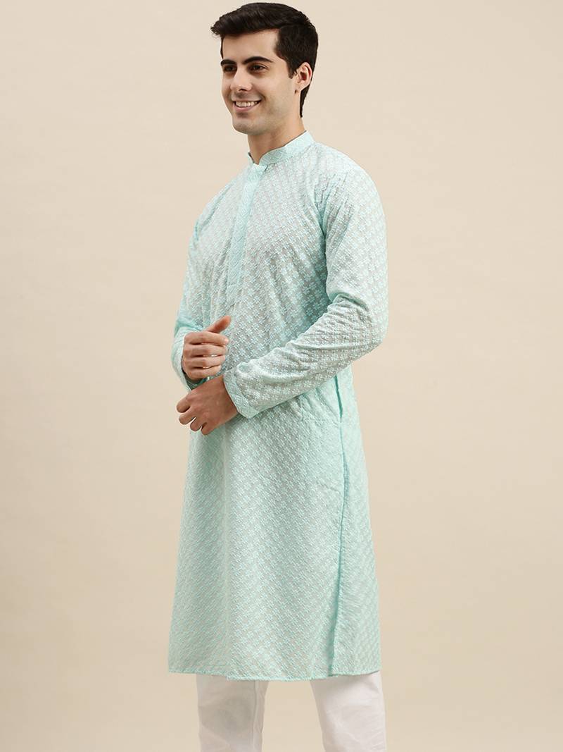 Sanwara Men's Sea Green chickenkari Long Sleeve Cotton Designer Kurta