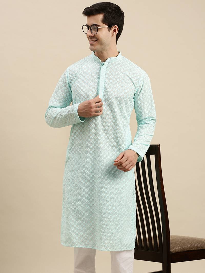 Sanwara Men's Sea Green chickenkari Long Sleeve Cotton Designer Kurta