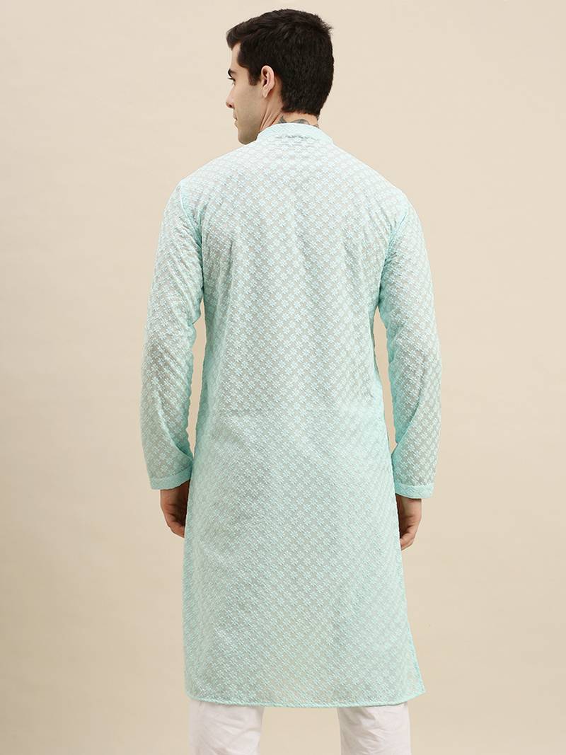 Sanwara Men's Sea Green chickenkari Long Sleeve Cotton Designer Kurta