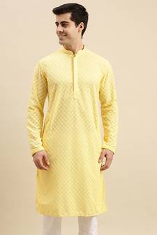 Sanwara Men's Light Yellow chickenkari Long Sleeve Cotton Designer Kurta
