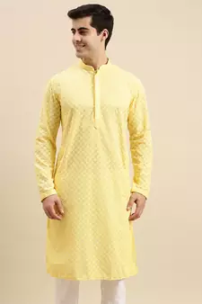 Sanwara Men's Light Yellow chickenkari Long Sleeve Cotton Designer Kurta