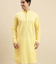 Sanwara Men's Light Yellow chickenkari Long Sleeve Cotton Designer Kurta
