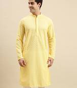 Sanwara Men's Light Yellow chickenkari Long Sleeve Cotton Designer Kurta