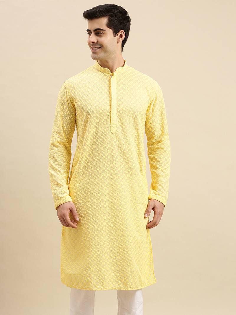 Sanwara Men's Light Yellow chickenkari Long Sleeve Cotton Designer Kurta