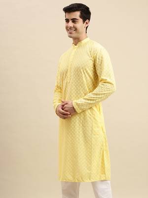 Sanwara Men's Light Yellow chickenkari Long Sleeve Cotton Designer Kurta 2