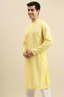 Sanwara Men's Light Yellow chickenkari Long Sleeve Cotton Designer Kurta