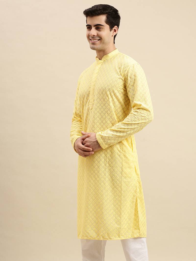 Sanwara Men's Light Yellow chickenkari Long Sleeve Cotton Designer Kurta