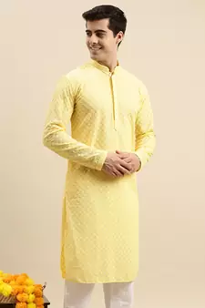 Sanwara Men's Light Yellow chickenkari Long Sleeve Cotton Designer Kurta