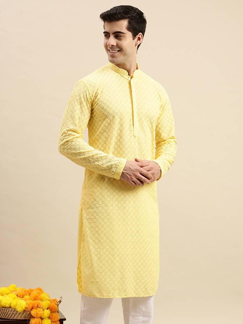 Sanwara Men's Light Yellow chickenkari Long Sleeve Cotton Designer Kurta