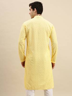 Sanwara Men's Light Yellow chickenkari Long Sleeve Cotton Designer Kurta 4