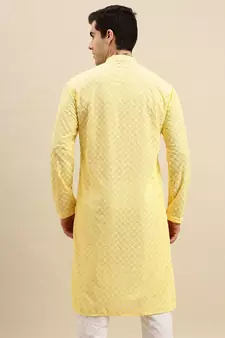 Sanwara Men's Light Yellow chickenkari Long Sleeve Cotton Designer Kurta