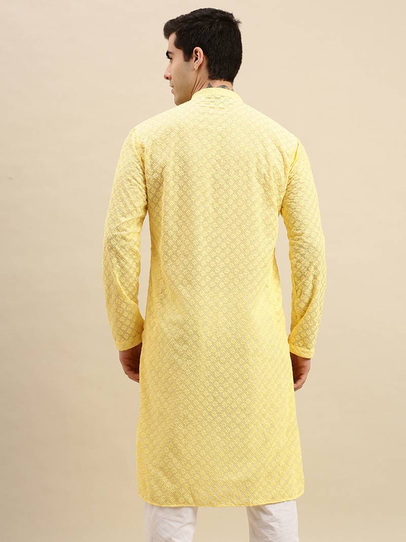 Sanwara Men's Light Yellow chickenkari Long Sleeve Cotton Designer Kurta