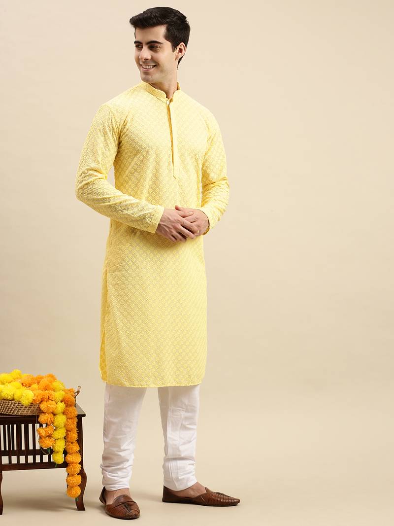 Sanwara Men's Light Yellow chickenkari Long Sleeve Cotton Designer Kurta
