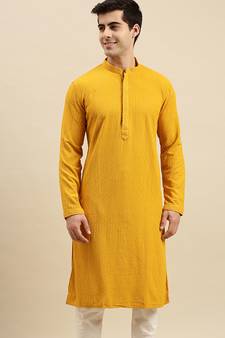 Sanwara Men's Mustard chickenkari Long Sleeve Cotton Designer Kurta