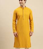 Sanwara Men's Mustard chickenkari Long Sleeve Cotton Designer Kurta