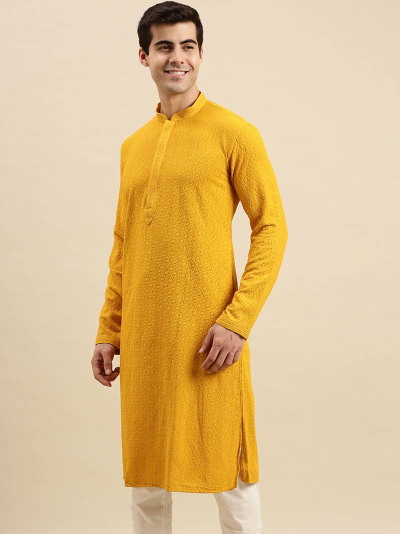 Sanwara Men's Mustard chickenkari Long Sleeve Cotton Designer Kurta