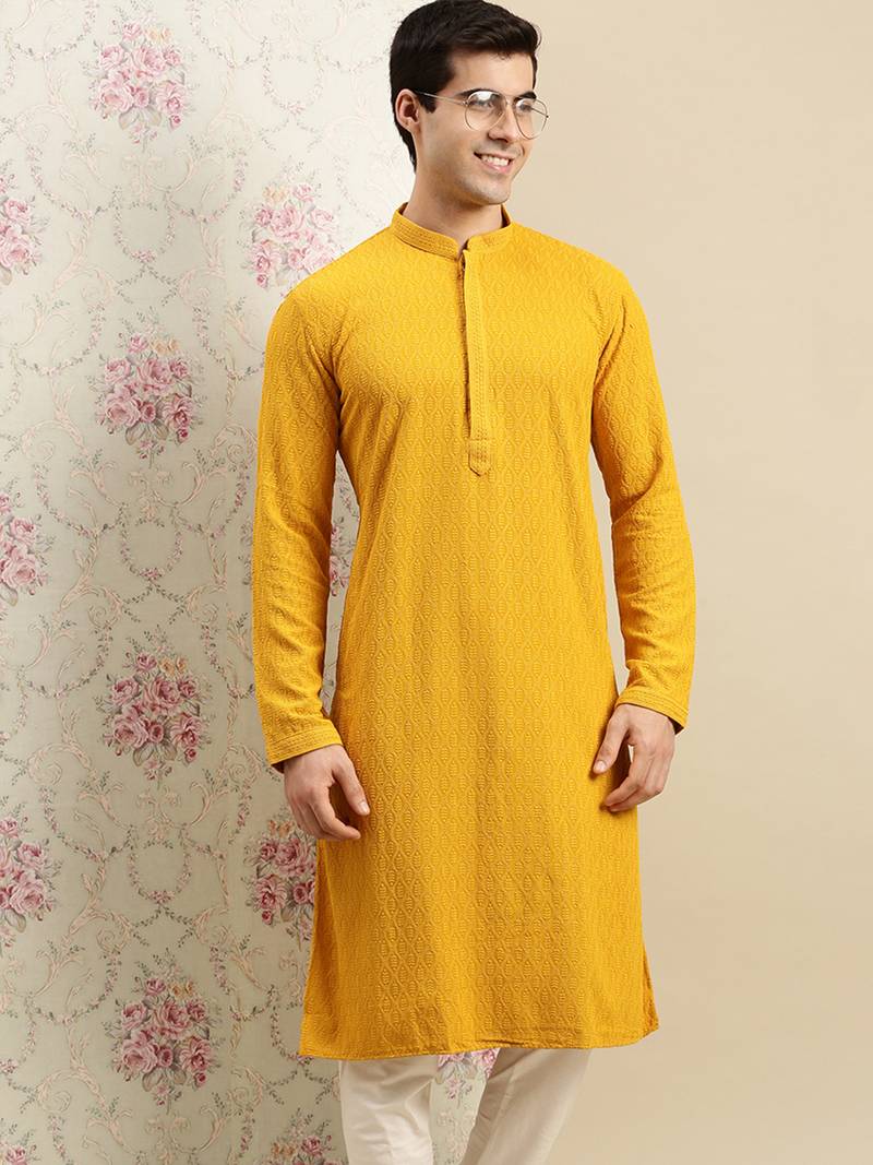 Sanwara Men's Mustard chickenkari Long Sleeve Cotton Designer Kurta