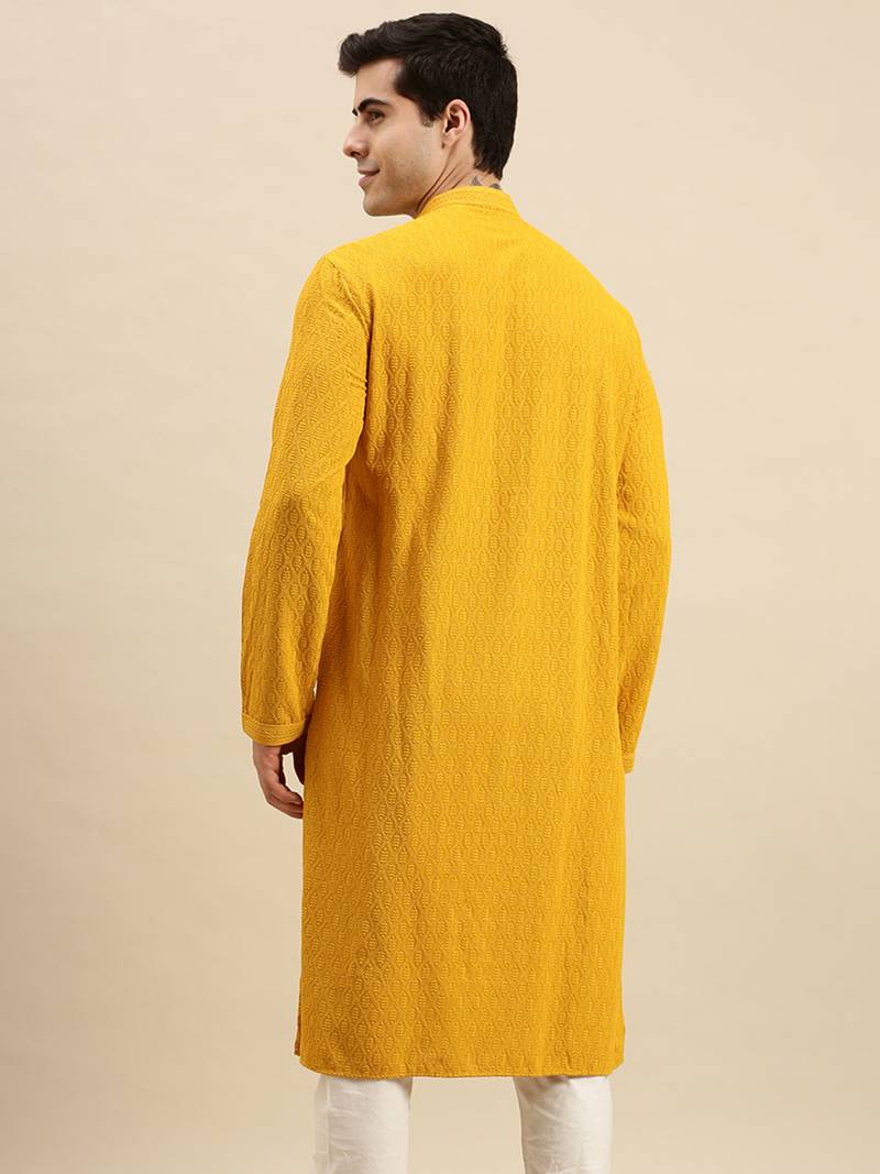 Sanwara Men's Mustard chickenkari Long Sleeve Cotton Designer Kurta