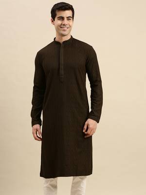 Sanwara Men's Olive Green chickenkari Long Sleeve Cotton Designer Kurta 1