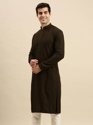 Sanwara Men's Olive Green chickenkari Long Sleeve Cotton Designer Kurta 2