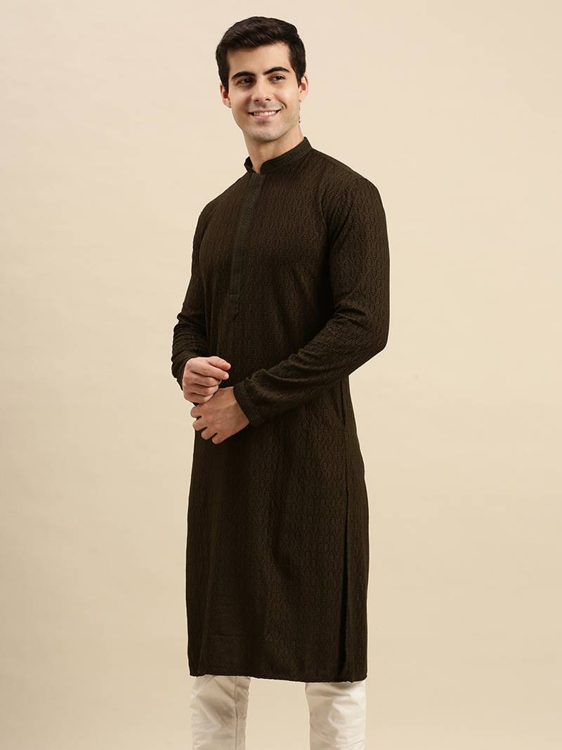 Sanwara Men's Olive Green chickenkari Long Sleeve Cotton Designer Kurta