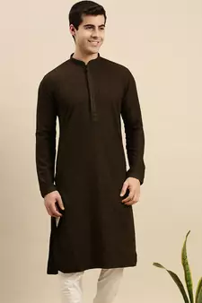 Sanwara Men's Olive Green chickenkari Long Sleeve Cotton Designer Kurta