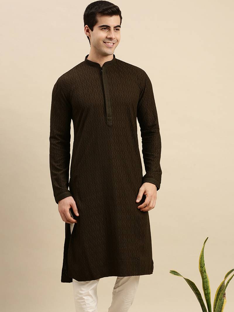 Sanwara Men's Olive Green chickenkari Long Sleeve Cotton Designer Kurta