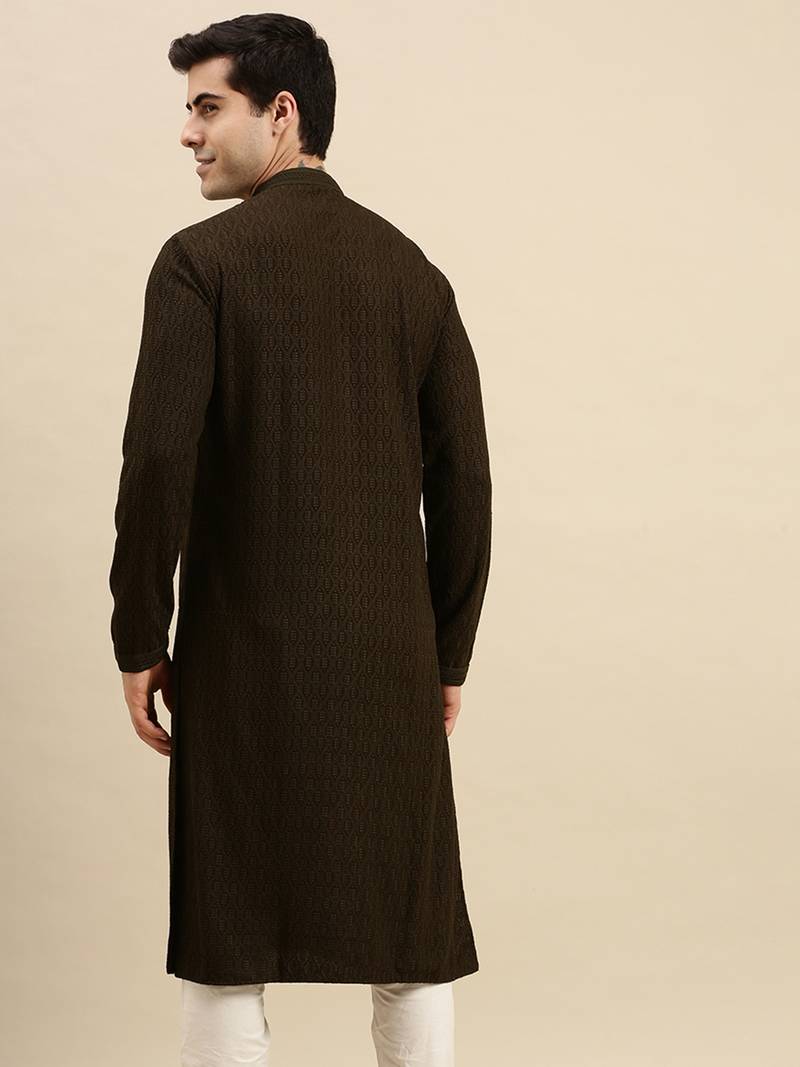 Sanwara Men's Olive Green chickenkari Long Sleeve Cotton Designer Kurta