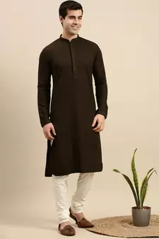 Sanwara Men's Olive Green chickenkari Long Sleeve Cotton Designer Kurta