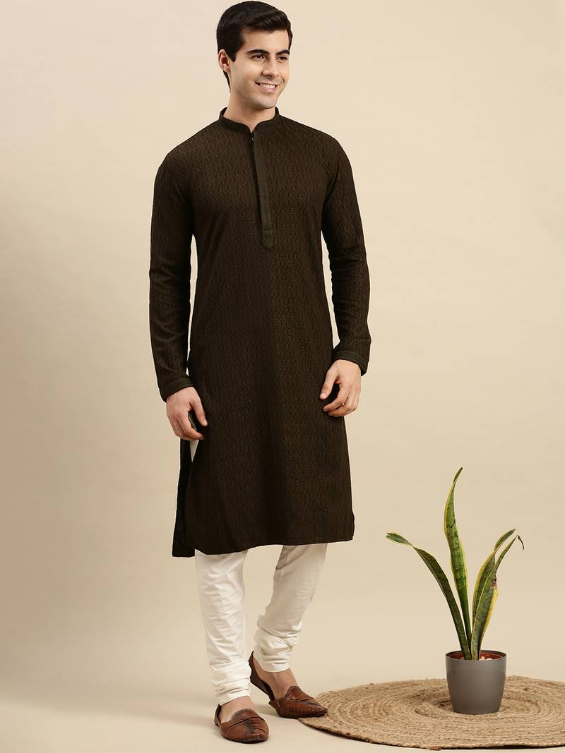 Sanwara Men's Olive Green chickenkari Long Sleeve Cotton Designer Kurta