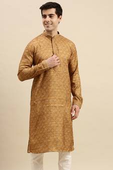Sanwara Men's Brown woven Long Sleeve Art Silk Elegant Kurta