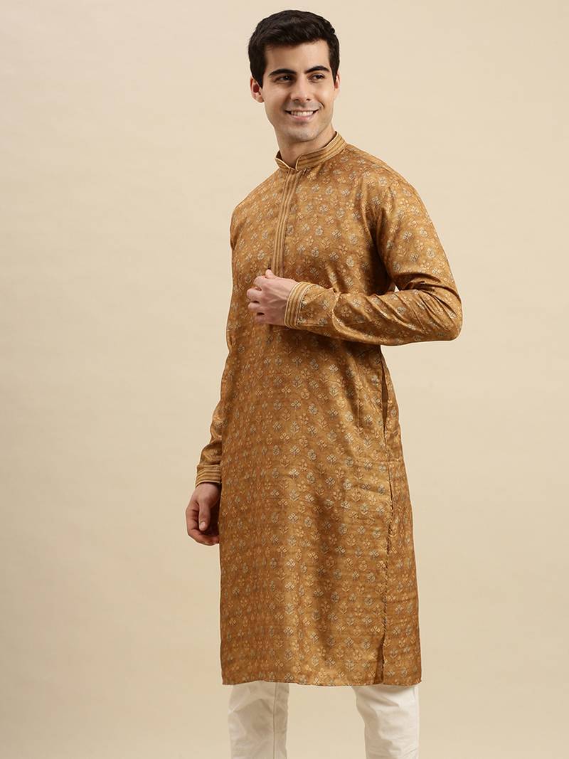 Sanwara Men's Brown woven Long Sleeve Art Silk Elegant Kurta