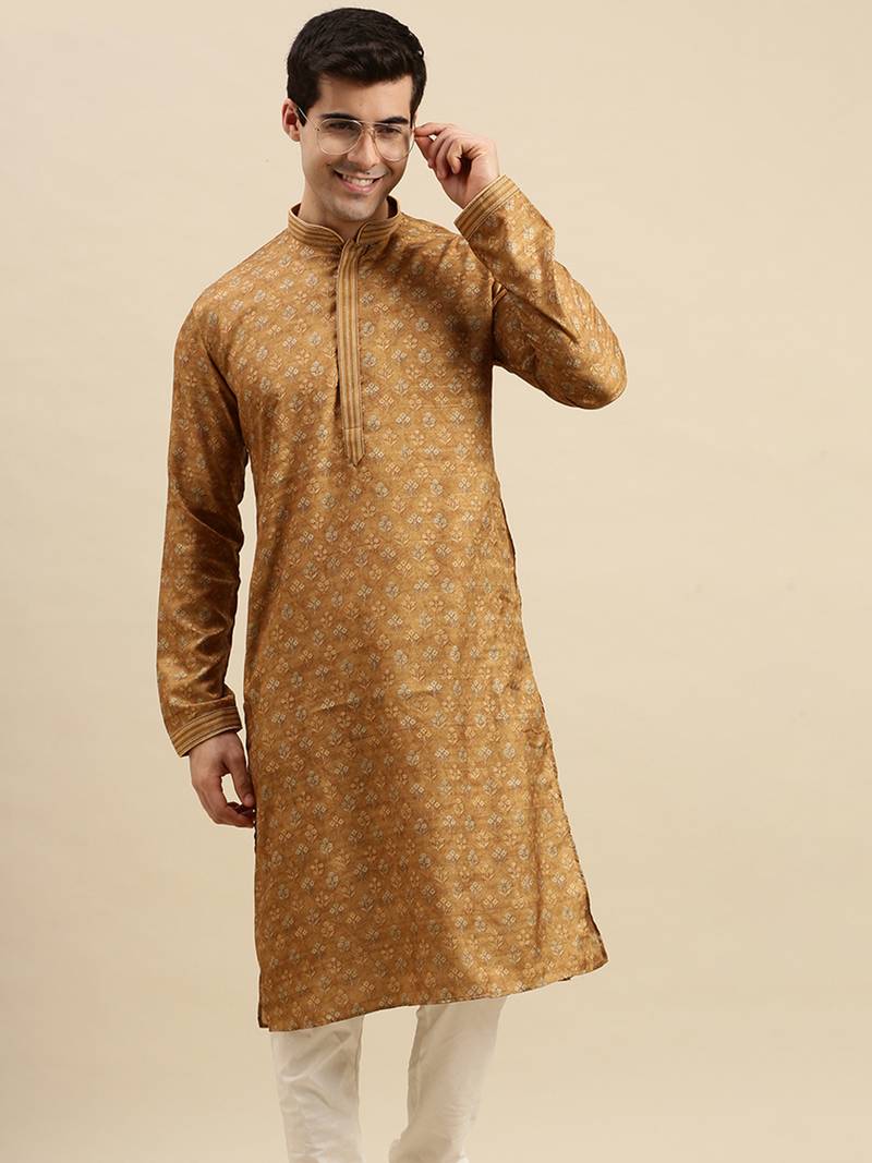 Sanwara Men's Brown woven Long Sleeve Art Silk Elegant Kurta