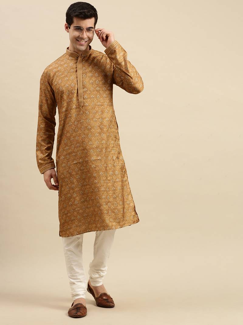 Sanwara Men's Brown woven Long Sleeve Art Silk Elegant Kurta