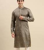 Sanwara Men's Grey woven Long Sleeve Art Silk Elegant Kurta
