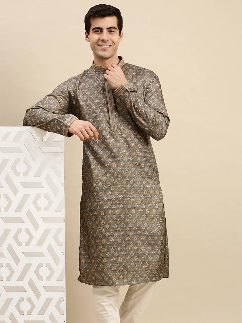 Sanwara Men's Grey woven Long Sleeve Art Silk Elegant Kurta